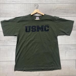 VTG USMC Military T-Shirt Olive Green Bayside Tag Large Made in USA Marines Y2K